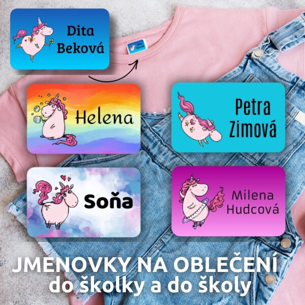 Jednorožec Unicorn, jmenovky na oblečení, nažehlovačka, 55 kusů