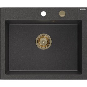 MEXEN/S - Elix granitový dřez 1-miska 600 x 500 mm, černá kropenatá, sifon zlatá 6525601005-76-G