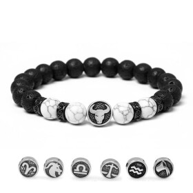 Náramek znamení zvěrokruhu Zodiac - 8 mm bílý howlit, lávový kámen, 18 cm Vodnář (21.1. - 20.2.)