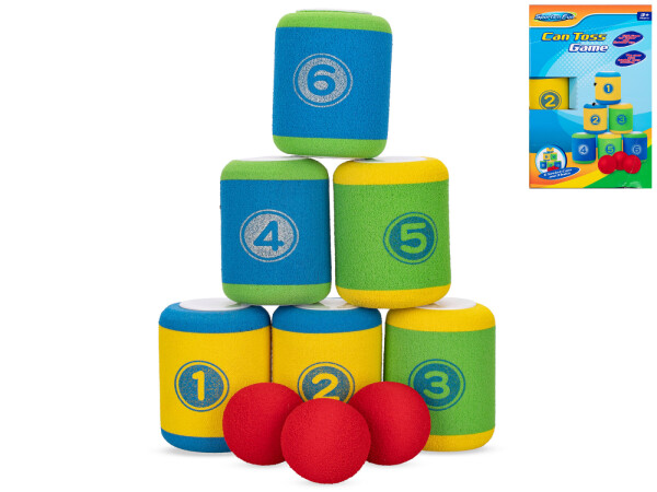 Házecí hra shoď plechovky 6ks s míčkem 3ks v krabičce