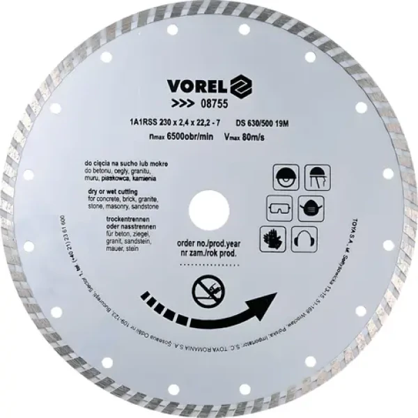 VOREL Kotouč diamantový řezný turbo 230x22,2x2,4 mm / Mokré i suché řezání / max. 6500 ot/min (TO-08755)