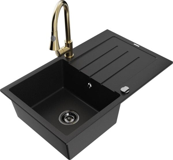 MEXEN - Bruno granitový dřez 1 s odkapávačem včetně baterie Elia, černá 6513-77-670101-50-B