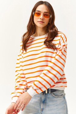 Olalook Women's White Neon Orange Basic Soft Textured Loose Sweatshirt