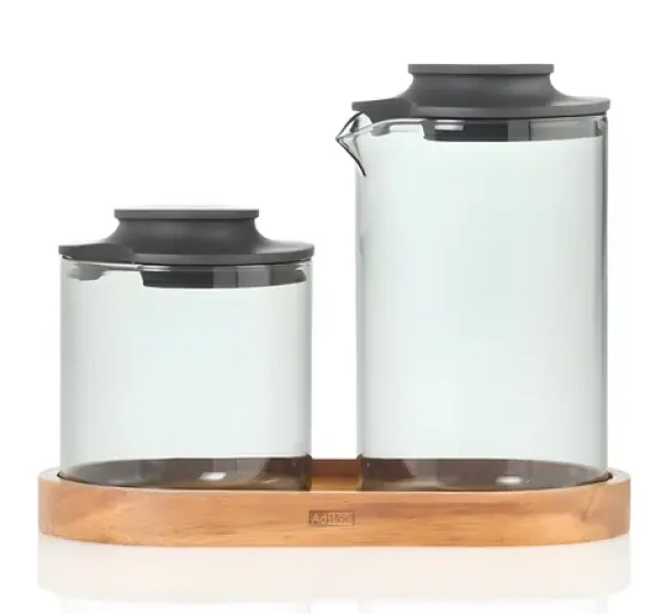 AdHoc IMPACT / Sada na cukr a mléko s podtáckem / Sklo a akácie / 250 ml / 180 g (MZ08)