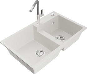 MEXEN/S - Tomas granitový dřez 2-bowl včetně baterie Flora, bílá 6516-20-670401-06