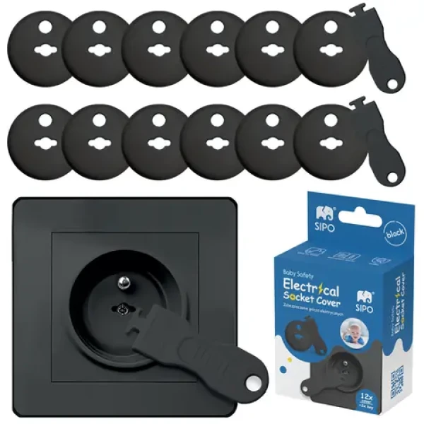 Sipo Ochranné kryty na elektrické zásuvky, set 12ks + 2x klíče, ČERNÁ (SPSBS-C10B)