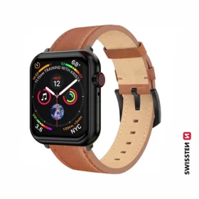 SWISSTEN Kožený řemínek pro Apple Watch 42/44/45/49mm hnědá / černá spona a černé poutko (46000813)