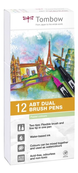 Tombow Tombow, ABT-12P-2, ABT Dual Brush pen, oboustranné popisovače, Pastel tone, 12 ks