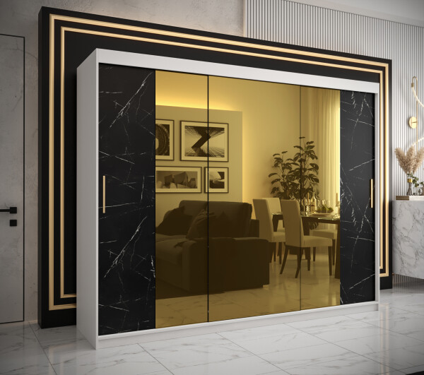 Šatní skříň Abi Golden T2 Barva korpusu: Bílá, Rozměry: 250 cm, Dveře: Černý mramor se zlatým zrcadlem