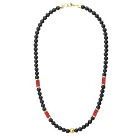 Pánský korálkový náhrdelník Henri - 6 mm černý onyx a pravý korál, Červená 45 cm