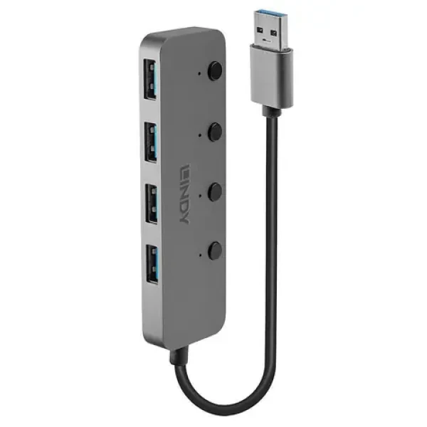 Lindy USB hub 4 porty šedá / USB hub / vypínače portů / USB 3.0 / 5 Gb/s / hliníkové tělo (43309)