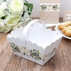 Dortisimo Svatební košíček na cukroví bílý s bílými růžemi (13 x 9 x 9,5 cm)