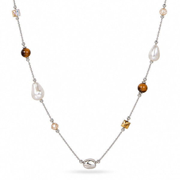 Dlouhý náhrdelník (sweater chain) Naomi - tygří oko, perly, Stříbrná 118 cm