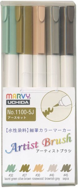 Marvy Umělecké fixy se štětcovým hrotem Artist Brush sada 5ks EARTH