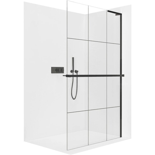 CERANO Sprchová zástěna Walk-in Onyx L-pravá vzpěra - 8 mm + polička/držák na ručníky - černá matná, industriální sklo - 110x200 cm