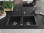 MEXEN/S - Mario granitový dřez 2-bowl včetně baterie Carla, černá/stříbrná metalik 6504-73-670700-70