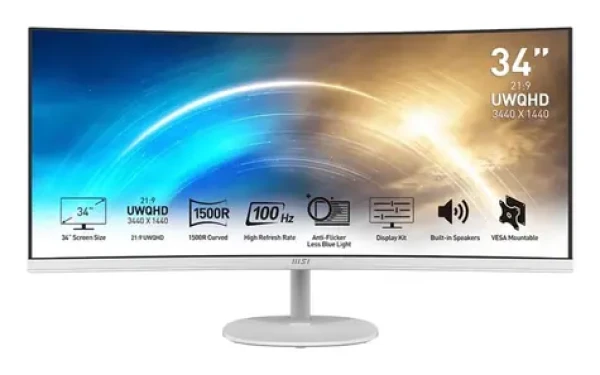 34" MSI PRO MP341CQWDE bílá / 3440x1440 / VA / 21:9 / 4ms / 3000:1 / 300cd-m2 /HDMI+DP / VESA (9S6-3PB2CT-038)