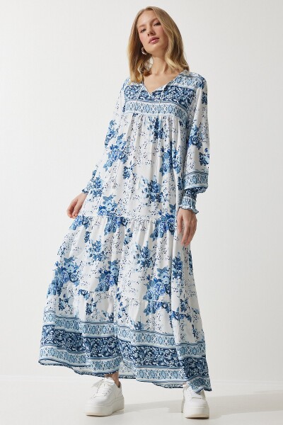 Happiness İstanbul Women's Sky Blue Patterned Oversize Long Viscose Dress