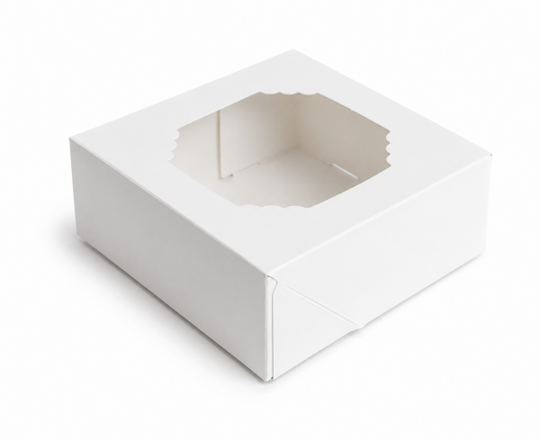 Cake star krabička bílá s okénkem nízka 9x9x3,5cm