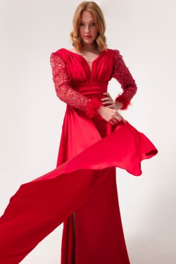Lafaba Women's Red V-Neck Long Sleeve Evening Dress with Stones and Slit