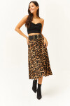 Olalook Women's Beige Leopard Elastic Waist Suede Textured A-Line Skirt