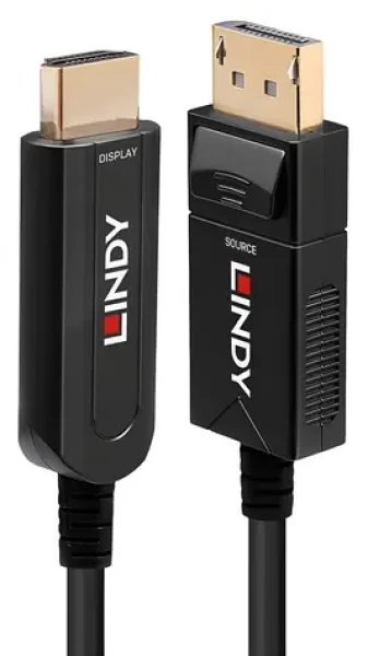 Lindy černá / DisplayPort/HDMI kabel / Optický hybrid / 10 m / 4K UHD (38490)