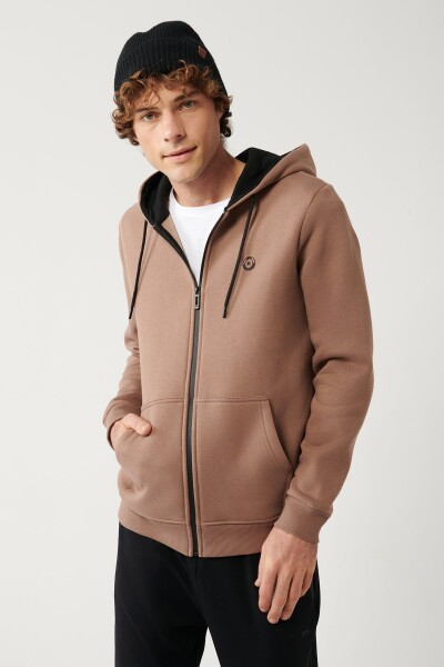 Avva Light Brown Unisex Sweatshirt Hooded Inner Collar Fleece 3 Thread Zipper Regular Fit