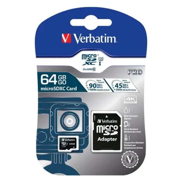 VERBATIM Pro U3 64 B microSDXC s SD adaptérem / UHS-III / U3 / V30 / R: 90 MBps / W: 45 MBps / vhodné pro 4K (47042)