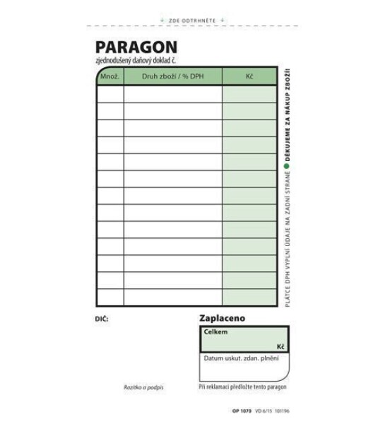 Paragon obchodní, 7,5 × 15 cm, 100 listů