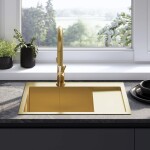 REA - Ocelový dřez Fin BRUSH GOLD s kuchyňskou baterií KPL-96013