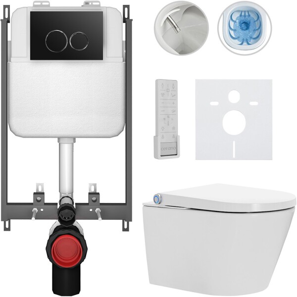 CERANO Závěsné WC s bidetem Basic/Cronus Premium - bílá lesklá - WC tlačítko Dualo/Černá - pro zazdění - 59,3x38,4 cm
