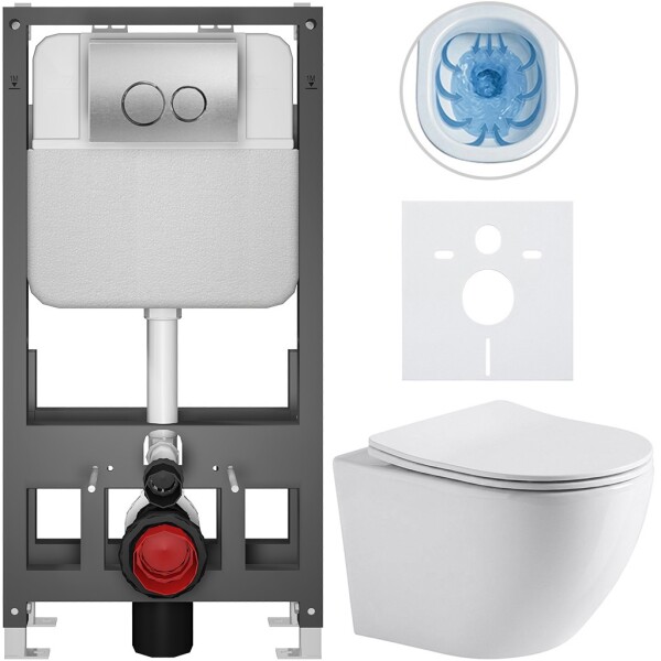 CERANO Kompletní WC set Basic/Cesso - bílá lesklá - WC tlačítko Dualo/Stříbrná - volně stojící - předstěnová instalace - 49x36 cm - 8050BD85937