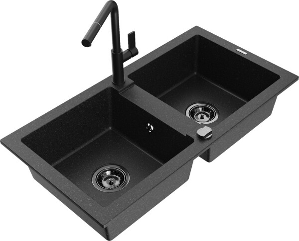 MEXEN/S - Mario granitový dřez 2-bowl včetně baterie Flora, černá/stříbrná metalik 6504-73-670401-70-B
