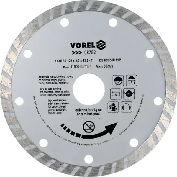 Vorel Kotouč diamantový řezný turbo 125x22,2 mm / Diamantový řezný kotouč / Turbo / Šířka 2 mm