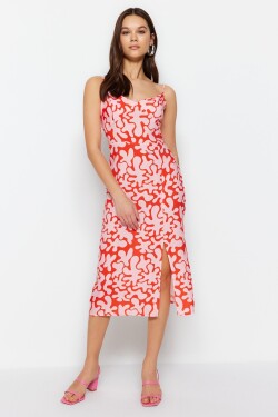 Trendyol červené rovné midi šaty s květinovým vzorem