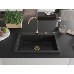 MEXEN/S - Elix granitový dřez 1-miska 700 x 500 mm, černá/stříbrná metalik, sifon zlatá 6526701005-73-G
