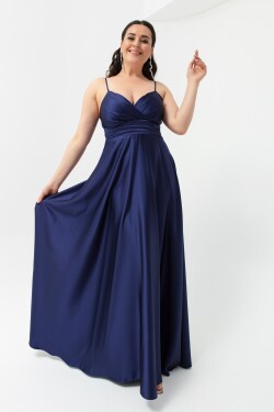 Lafaba Women's Navy Plus Size Satin Long Evening Dress Prom Dress with Threads