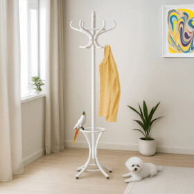 Věšák dřevěný stojanový, masiv topol a bříza, bílý matný lak, výška 185 cm