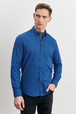 ALTINYILDIZ CLASSICS Men's Indigo-navy Blue Slim Fit Slim Fit Buttoned Collar Flannel Lumberjack Shirt