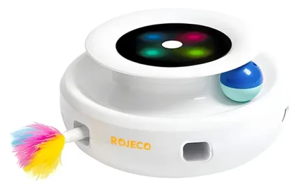 ROJECO Interaktivní hračka pro kočky 2v1 / 5 režimů / peříčka a míčky / LED podsvícení / baterie nebo kabel (RWJ-10)