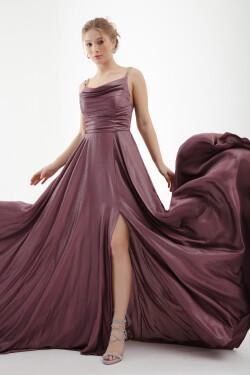 Lafaba Women's Lavender Stone Strap Draped Flared Cut Long Evening Dress
