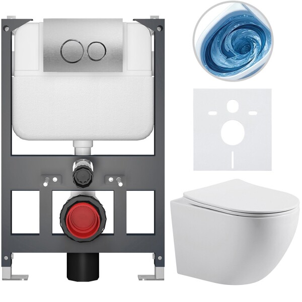 CERANO Kompletní WC set Basic/Cesso - bílá lesklá - WC tlačítko Dualo/Stříbrná - závěsné - nízký modul - předstěnová instalace - 49x36 cm - 8050BD85984