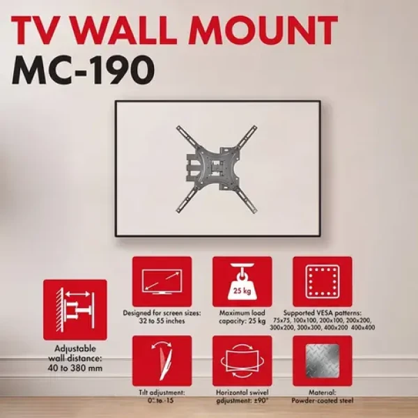 Maclean nástěnný držák TV černá / Nástěnný držák pro TV / VESA 75x75-400x400 mm / 32-55" / nosnost 45 kg (MC-190)