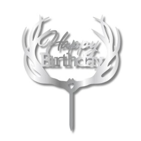 P0lastový zápich do dortu Cesil Happy Birthday s parohy stříbrný