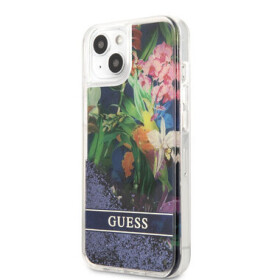 Pouzdro Guess Liquid Glitter Flower iPhone 13 mini Blue