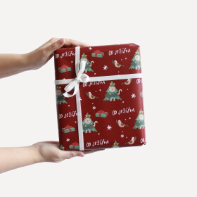 Bella Rose Balicí papír Šťastné a Veselé s kočkou – 5 m, červená barva, papír