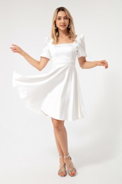 Lafaba Women's White Balloon Sleeves Flare Cut Midi Satin Evening Dress.