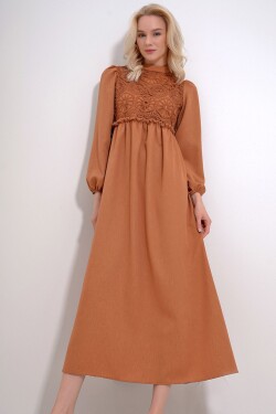 Trend Alaçatı Stili Women's Brown Stand Collar Crochet Braided Back Zipper Woven Dress