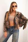 Dámská semišová bunda s leopardím vzorem a třásněmi khaki UNI