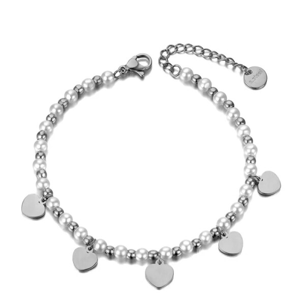 Perlový náramek Deborah - chirurgická ocel, perla, srdce, Stříbrná 16 cm + 4 cm (prodloužení)